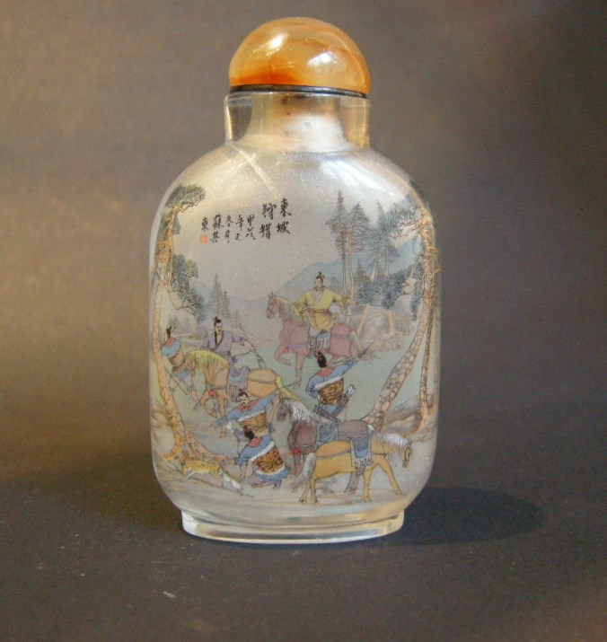 Snuff bottle glass Inside painting with hunting scene